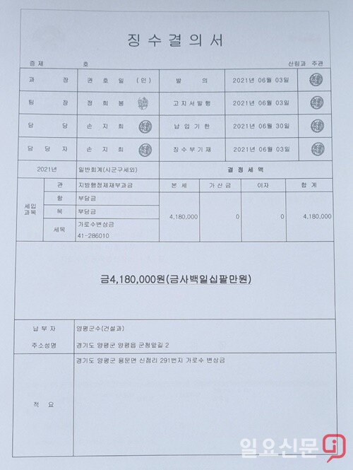 양평군청 산림과에서 건설과 앞으로 발행한 징수고지서.