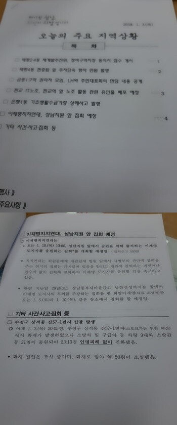 일요신문이 단독 입수한 성남시에서 작성된 ‘오늘의 주요 지역 상황’ 문건. 사진=설상미 기자