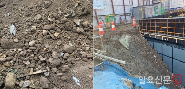 A건설이 되메우기 한 흙에 쓰레기가 섞여 있다. 오른쪽은 폐기물인 슬러지를 현장 되메우기에 사용한 모습.