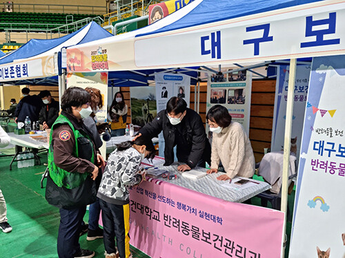 대구보건대 반려동물보건관리과 지난 11~12일 경주실내체육관에서 열린 '2021 경주반려동물 문화축제'에 참가하고 있다.(사진=대구보건대 제공)