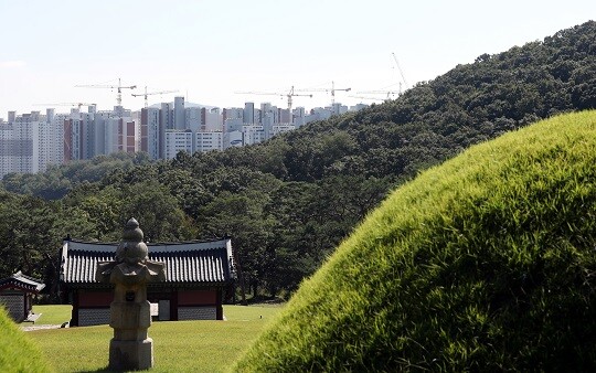 경기도 김포시 풍무동 장릉 전방에 인천 서구 검단신도시 신축 아파트 건설 현장이 보인다. 사진=연합뉴스