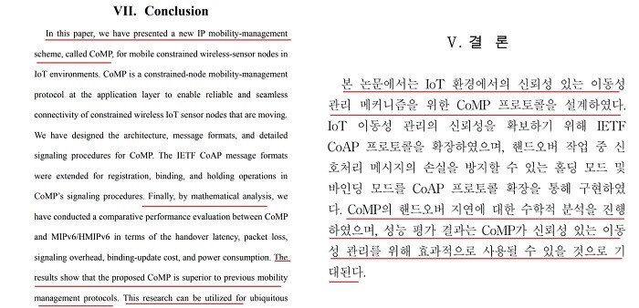 정 씨가 참여한 논문(오른쪽) 결론의 첫 번째 문장 ‘본 논문에서는 IoT 환경에서의 신뢰성 있는 이동성 관리 메커니즘을 위한 CoMP로 프로토콜을 설계하였다’와 마지막 문장 ‘CoMP의 핸드오버 지연에 대한 수학적 분석을 진행하였으며, 성능 평가 결과는 CoMP가 신뢰성 있는 이동성 관리를 위해 효과적으로 사용될 수 있을 것으로 기대된다’는 A 씨의 박사 논문(왼쪽) ‘결론’ 문단의 앞뒤에서도 확인이 가능하다. 사진=각 논문 캡처