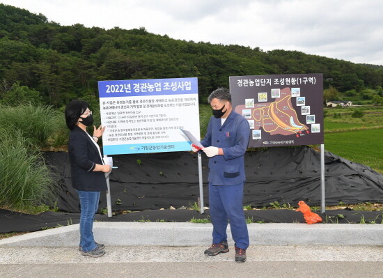 오규석 기장군수는 7일 오전 10시 30분경 ‘경관농업 단지 조성 시범사업’ 현장을 방문해 점검했다. 사진=기장군 제공