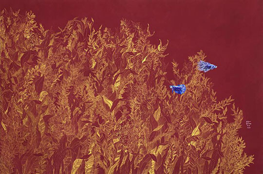 empty, but full (24K金泥魚類圖_betta): 91×61cm Acrylic and 24K golddust on cottencloth panel 2021