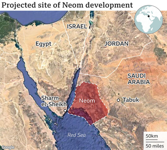 사우디 북부 타부크 일대에 건설될 ‘네옴 시티’는 서울의 44배가량인 약 2만 6500㎢로 벨기에와 맞먹는 면적이다. 사진=BBC 캡처