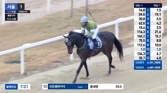 라온엠파이어는 13일 경주에서 3위에 그치며 실망을 주었다. 최선의 경주가 아니었기에 다음 경주에서는 좋은 성적이 기대된다. 사진=한국마사회 경마방송 캡처