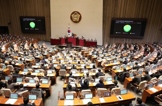 24일 새벽 열린 국회 본회의에서 638조 7276억 원 규모의 2023년도 예산안을 의결했다. 사진=박은숙 기자
