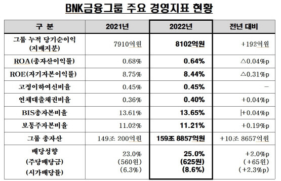 주요경영지표 현황. 표=BNK금융그룹 제공