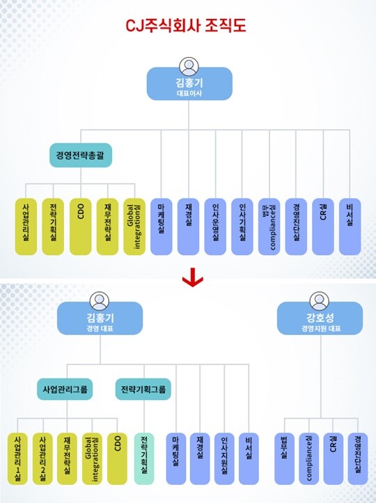 CJ그룹은 지난해 10월부터 대외업무를 강화하기 위해 김홍기 대표이사가 전체 조직을 관리하는 기존 구조(위 조직도)에서 김홍기 대표가 경영 대표 부문을 이끌고, 강호성 신임 대표가 경영지원 대표를 이끄는 구조(아래 조직도)로 변화를 줬다. 그래픽=백소연 디자이너