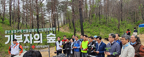 지난 21일 지난해 산불피해 일원(울진 북면 상당리 산 6번지)에서 국민참여형 '기부자의 숲' 나무심기 행사가 열리고 있다. 사진=경북도 제공