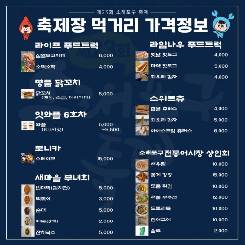 제23회 소래포구 축제 행사장 내 먹거리 요금이 대부분 1만 원 이하로 구성된다. 사진= 남동구 제공