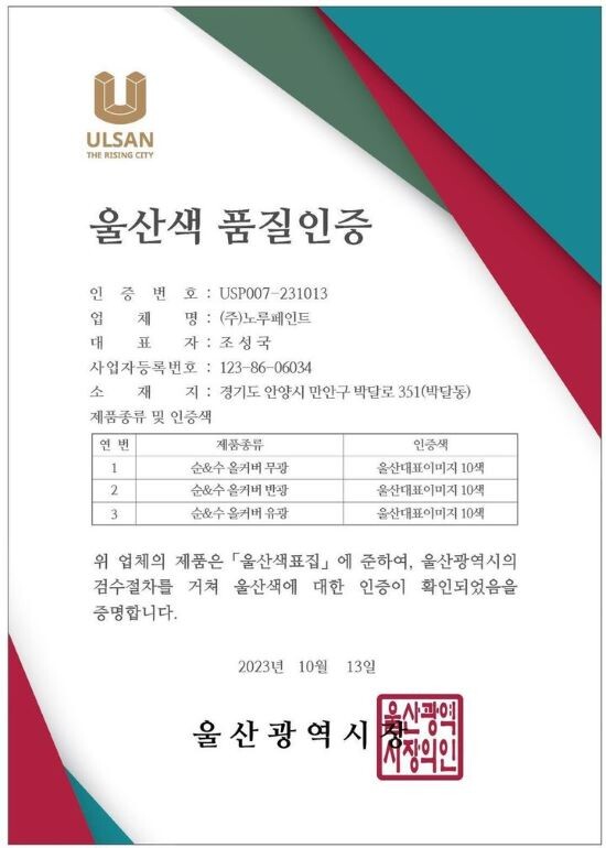 ‘울산색 품질 인증서’ 이미지. 사진=울산시 제공