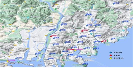 대기환경측정망 운영지점 및 연평균 농도. 이미지=부산시 제공