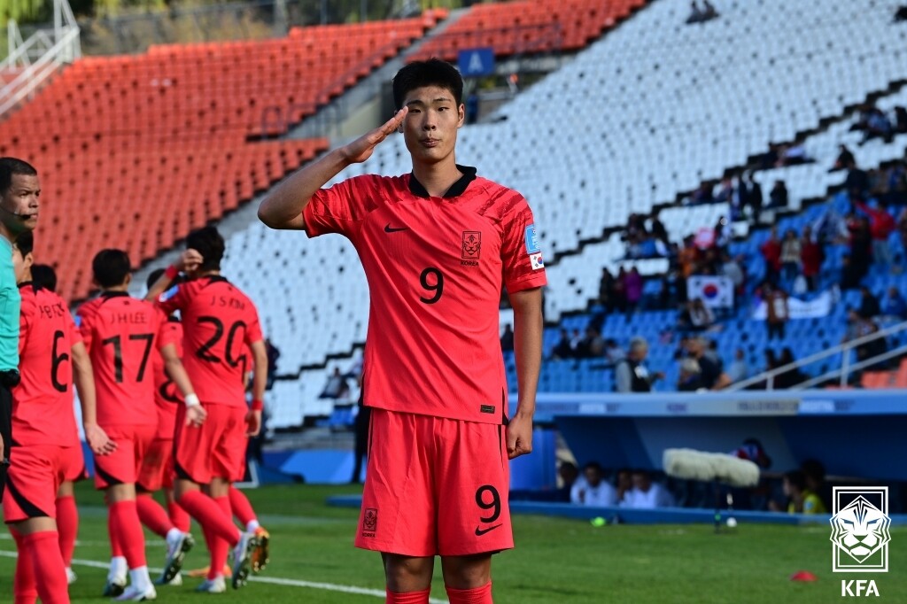 김천 상무에서 군 복무 중인 이영준은 지난 2023년 U-20 월드컵에 이어 다시 한 번 거수경례 세러모니를 선보였다. 사진=KFA 제공