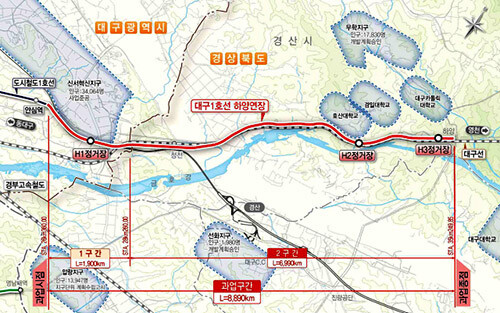 대구 도시철도 1호선 안심~하양 연장선 위치도. 자료=일요신문 DB