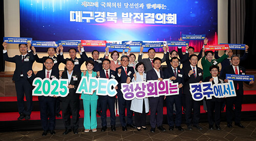 17일 제22대 대구·경북 국회의원 당선인들이 APEC 유치 경주 당위성을 담은 퍼포먼스를 펼치고 있다. 사진=경주시 제공