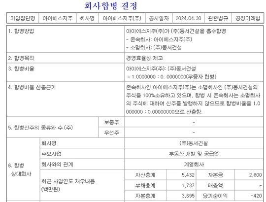 아이에스지주의 자회사 합병 공시. 사진=금융감독원 전자공시시스템 캡처