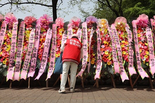 4월 17일 서울 여의도 국회 헌정회관 앞에 한동훈 전 국민의힘 비상대책위원장을 응원하는 화환이 놓여있다. 사진=박은숙 기자