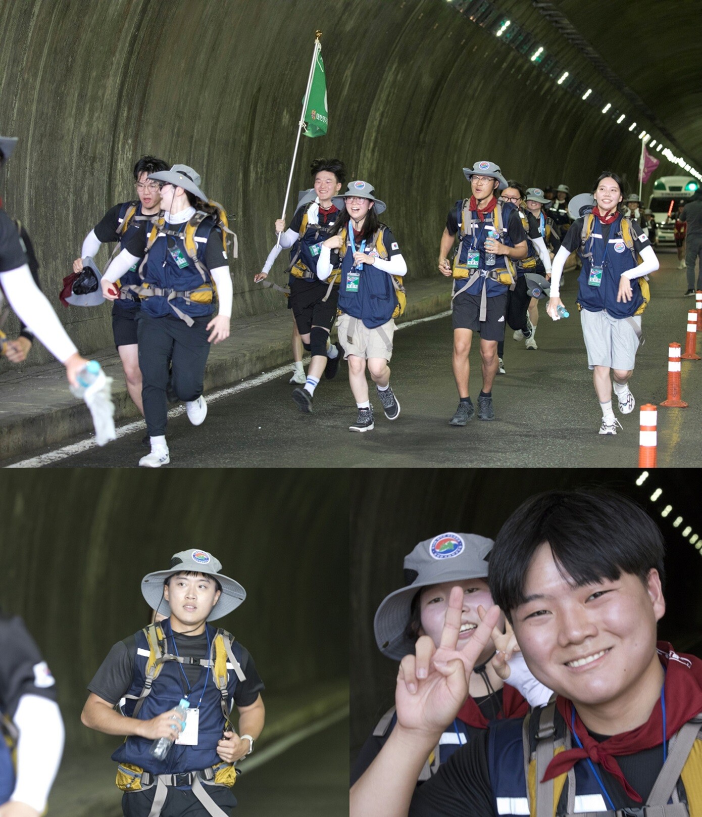 6월 27일, 대한민국재향군인회 제14회 국토대장정 대원들이 해맑게 웃으면서 강원도 오천터널을 통과하고 있다. 체력적으로 지쳤음에도 차량 정체를 최소화하기 위해 빠른 속도로 달렸다. 사진=이종현 기자