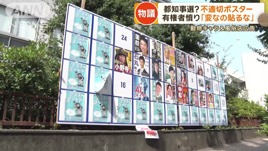 도쿄도지사 선거는 후보자와 관계없는 선거 포스터 논란으로 일본 선거 제도의 허점을 드러냈다. 사진=ANN뉴스 캡처
