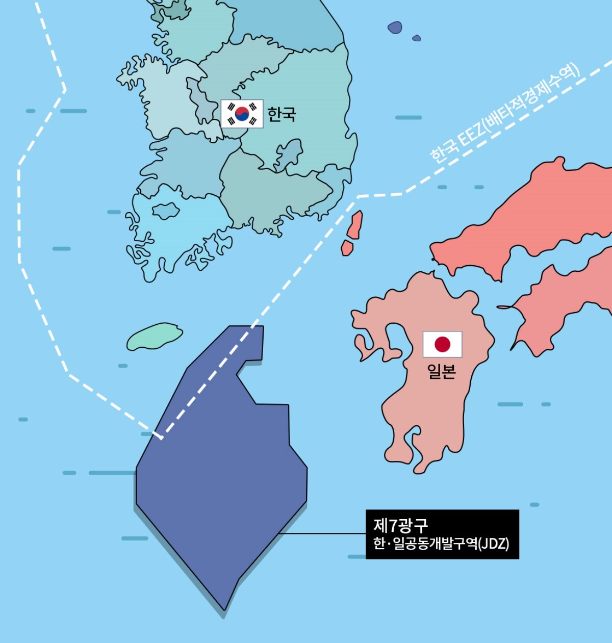 제7광구(한일공동개발구역) 위치와 한국 배타적경제수역(EEZ) 경계선. 그래픽=백소연 디자이너