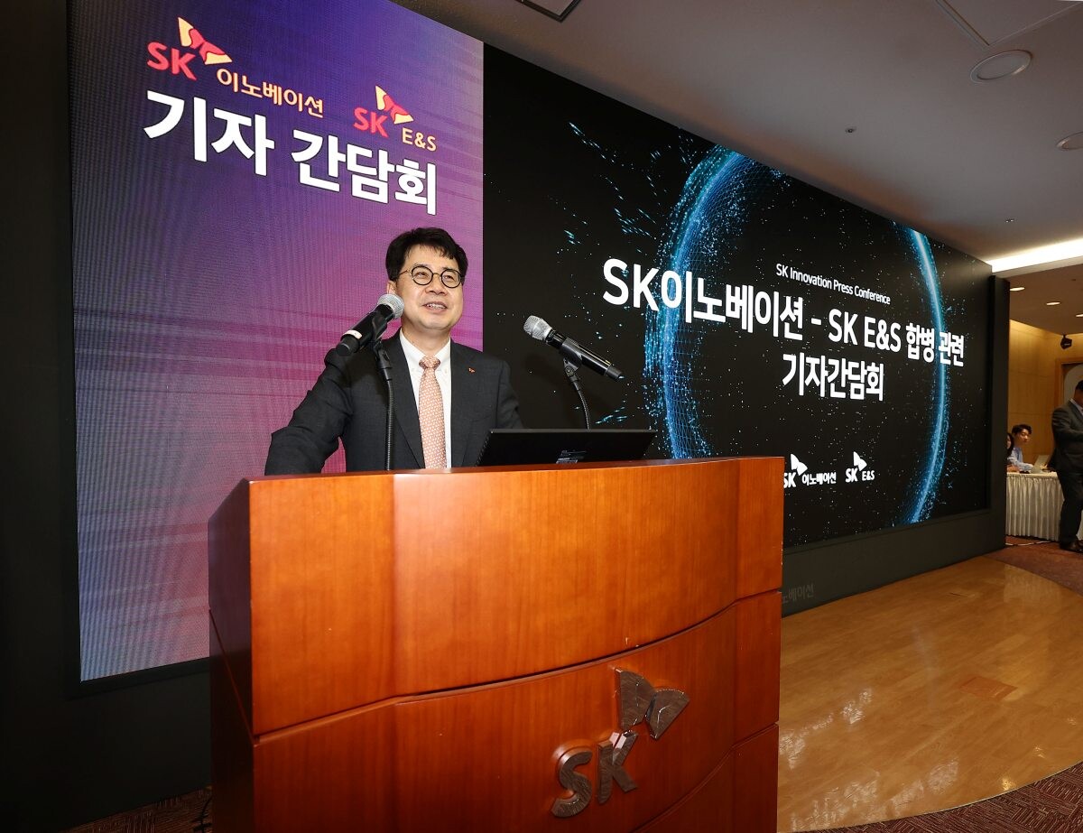 지난 7월 18일 서울 종로구 SK서린빌딩에서 열린 SK이노베이션-SK 이엔에스 합병 관련 기자간담회에서 박상규 SK이노베이션 사장이 합병 관련 발표를 하고 있다. 사진=연합뉴스