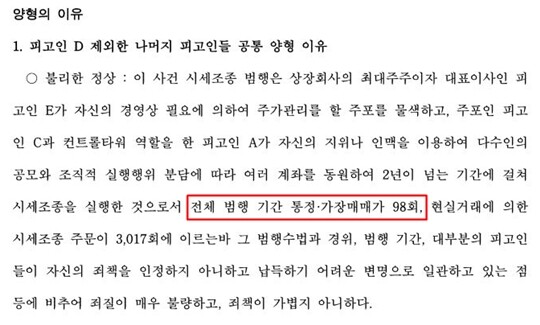 도이치모터스 주가조작 사건 1심은 유죄로 판단한 통정·가장매매가 총 102건으로 판단했다. 반면 항소심 재판부는 98건을 유죄로 봤다. 사진=서울고법 형사5부 항소심 판결문 캡처