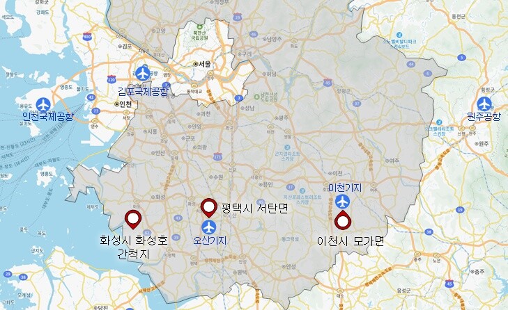 경기도가 지난 11월 8일 발표한 경기국제공항 후보지 3곳 위치. 그래픽=경기도 제공