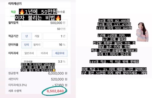 A 사 소속 자산관리사 C 씨는 월 50만 원으로 연 이자 50만 원을 만들 수 있다는 상품을 2023년 인스타그램에서 홍보했다. 사진=C 씨 인스타그램 캡처