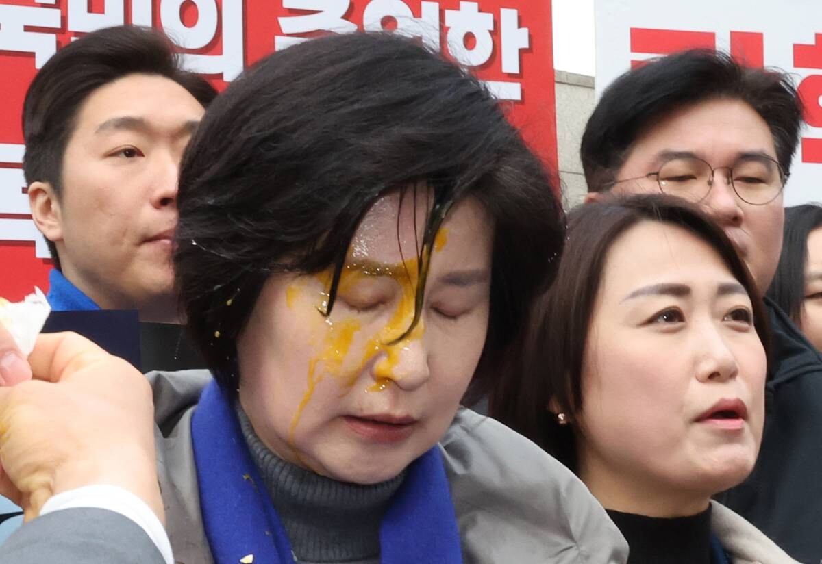 백혜련 더불어민주당 의원은 지난 20일 헌법재판소 앞에서 기자회견을 하는 도중 날아온 달걀에 얼굴을 맞았다. 사진=연합뉴스