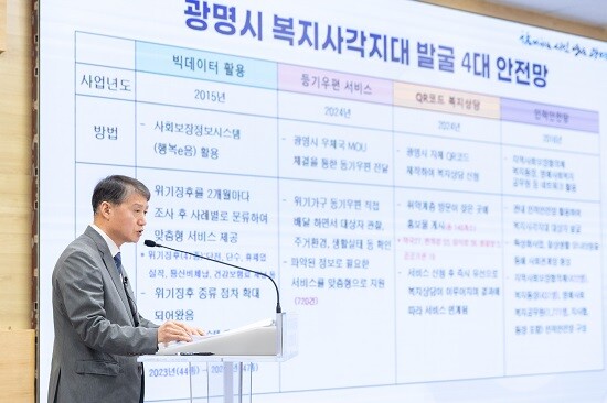 광명시 이길용 사회복지국장이 25일 시청 중회의실에서 정책브리핑을 하고 있다. 사진=광명시 제공