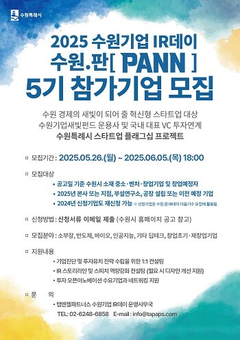 수원특례시 '2025 수원기업 IR데이 수원.판' 5기 참여 기업 모집 포스터. 사진=수원특례시 제공