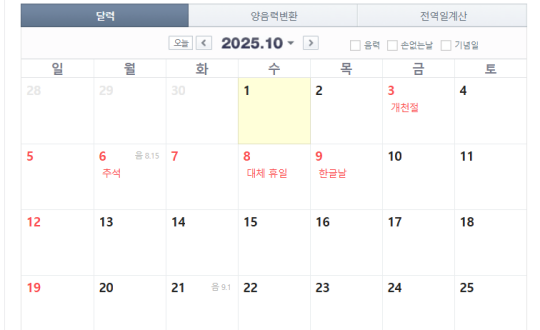 정부가 오는 10월 10일 임시공휴일 지정을 검토하지 않는 것으로 알려졌다. 금요일인 10월 10일을 임시공휴일로 지정하면 개천절과 추석 연휴가 7일에서 10일로 늘어난다. 사진=네이버 달력