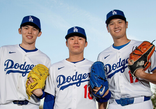 LA 다저스의 일본인 선수 3인방. 왼쪽부터 사사키 로키, 야마모토 요시노부, 오타니 쇼헤이. 사진=다저스 공식 X