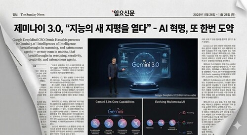 나노 바나나 프로에 ‘제미나이 3.0에 대해 소개하는 일요신문 기사 이미지를 생성’해달라는 프롬프트를 한 줄 입력하자 약 1분 만에 상당한 퀄리티의 결과물이 생성됐다. 사진=나노 바나나 프로 생성