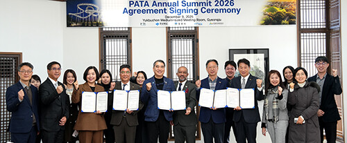 경북도와 아시아태평양관광협회(Pacific Asia Travel Association, 이하 PATA), 경주시, 포항시, 경북문화관광공사 간 2026년 PATA 연차총회의 성공적 개최를 위한 업무협약식이 9일 경북문화관광공사에서 열리고 있다. 사진=경북도 제공
