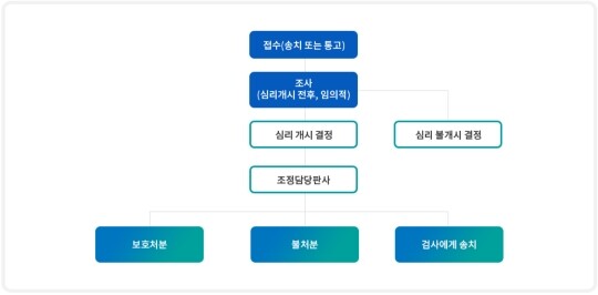 법원행정처가 발간한 ‘2025 사법연감’에 따르면 2024년 소년보호재판을 통해 보호처분이 내려진 경우는 3만 989건에 달한다. 소년보호재판의 절차. 사진=대법원 전자소송포털 갈무리