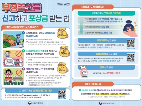 식품의약품안전처 관계자는 "불법도축 등 위반사항을 목격하는 경우에는 적극 신고해달라"고 당부했다. 부정축산물 신고 포상금 홍보 리플렛. 사진=식품의약품안전처 제공