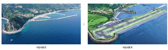 울릉공항 건설 사업 전후 조감도. 그림=한국공항공사 홈페이지 캡처