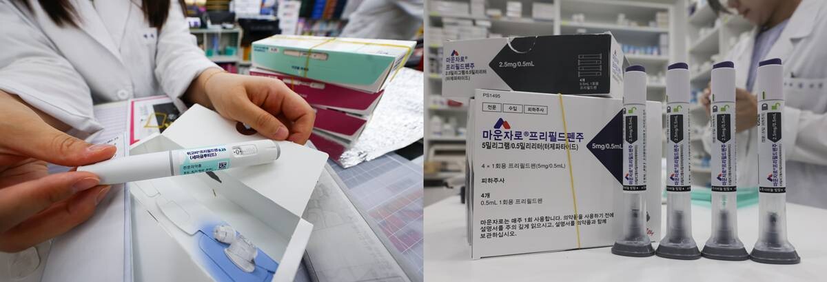 서울의 한 약국에 입고된 비만치료제 위고비(왼쪽)와 마운자로(오른쪽). 사진=연합뉴스·박정훈 기자