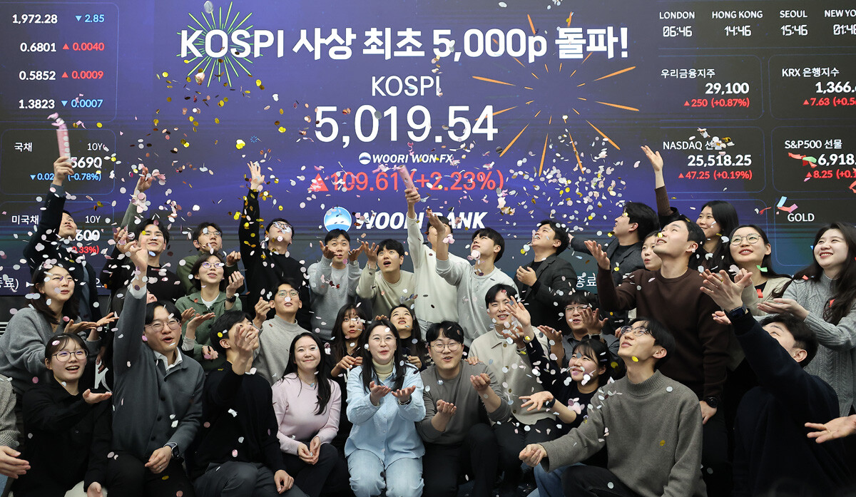 한국 증시가 사상 처음으로 '코스피 5000'을 달성한 22일 서울 중구 우리은행 본점 딜링룸에서 직원들이 전광판을 배경으로 축하 포즈를 취하고 있다. 사진=임준선 기자
