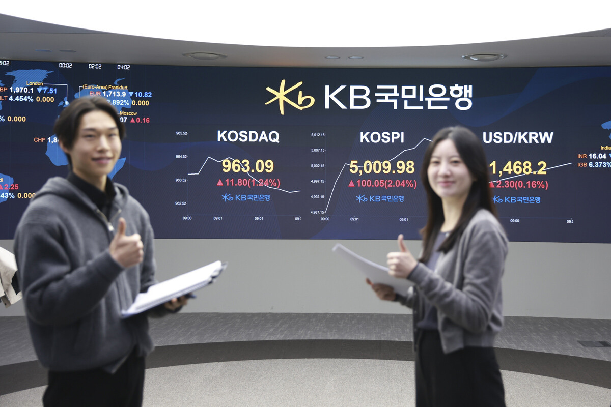 22일 오전 서울 영등포구 KB국민은행 딜링룸 전광판 앞에서 직원들이 '엄지 척'을 하고 있다. 사진=KB국민은행 제공