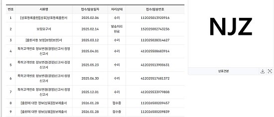 지난 1월 28일 어도어가 NJZ 상표 관련 '출원에 대한 정보제출서'를 접수했다. 사진=키프리스 캡처
