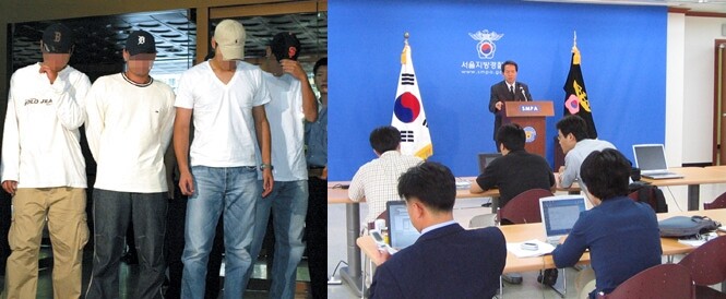 2004년 소변 검사 결과를 조작해 프로야구 선수들의 병역을 면제시켜준 병역 브로커가 적발되면서 사구체신염에 관심이 집중된 바 있다. 서울경찰청으로 수사를 받으러 가는 프로야구 선수들(왼쪽)과 경찰의 수사 결과 발표 모습. 사진=이종현 기자