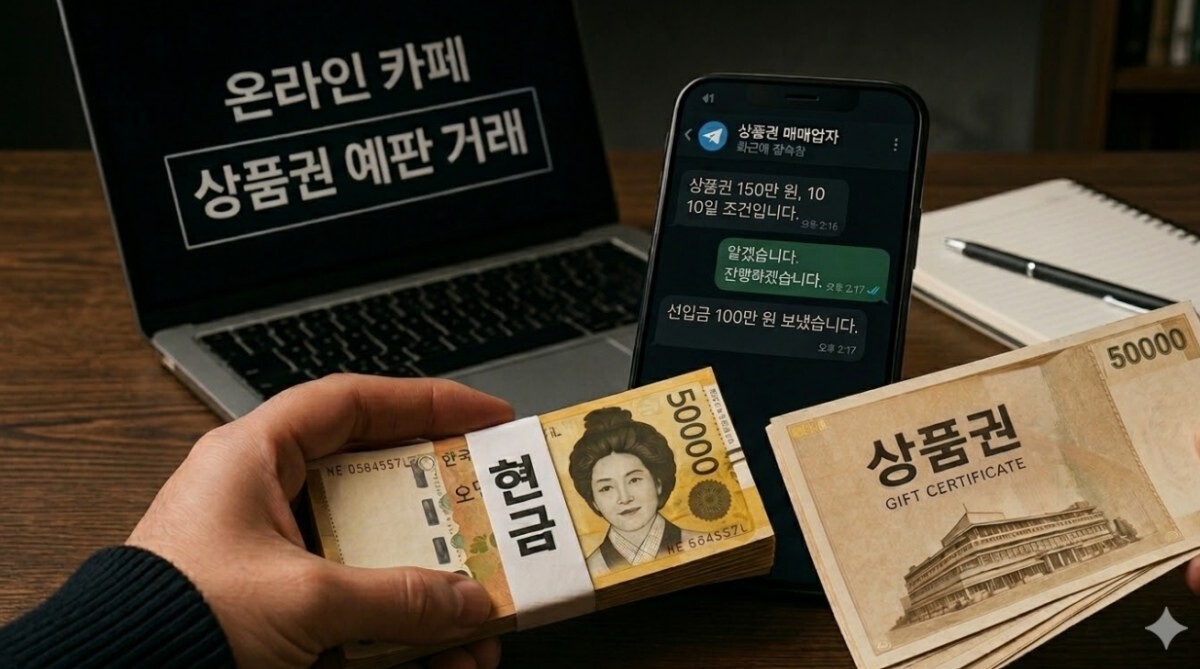 현금을 먼저 받은 뒤 이자를 얹어 더 큰 금액의 상품권으로 상환하는 방식의 이른바 ‘상품권 예판’ 거래가 온라인에서 활발히 이뤄지고 있다. 그래픽=AI 프로그램 제미나이 제작