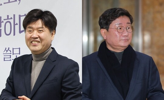 김용 전 민주연구원 부원장(왼쪽)과 전해철 전 더불어민주당 의원. 사진=임준선·박은숙 기자