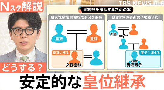 일본 정치권은 안정적 왕위 계승 방안으로 여성 왕족 결혼 후 왕족 신분 유지, 구 왕족 출신 남계 남성 양자 편입 등을 논의하고 있다. 사진=TBS 뉴스 캡처