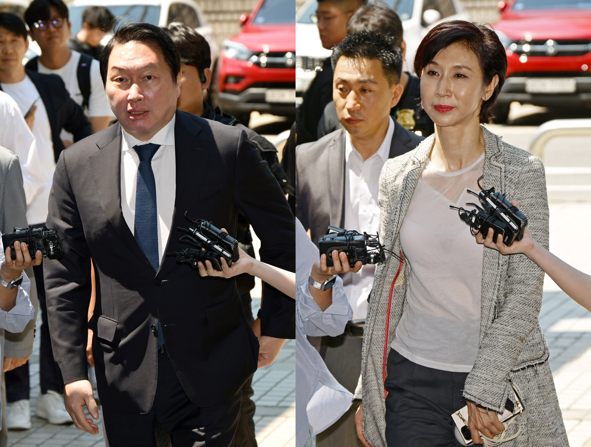 최태원 SK그룹 회장과 노소영 아트센터 나비 관장이 6월 15일 서울 서초구 서울고등법원에서 열린 재산분할 파기환송심 2차 조정 기일에 출석하고 있다. 사진=박정훈 기자