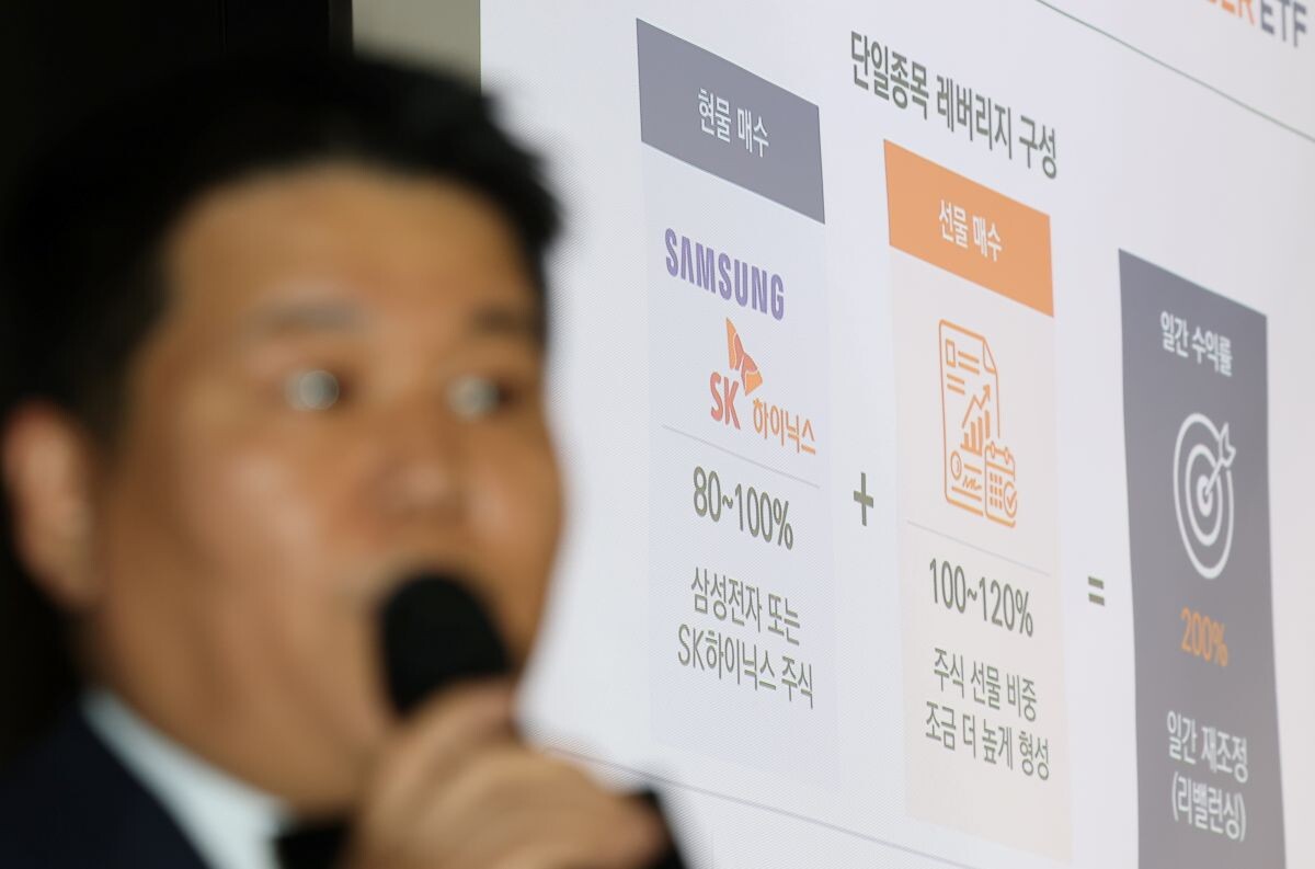 이정환 미래에셋자산운용 상무가 지난 5월 26일 ‘삼성전자·SK하이닉스단일종목 레버리지·인버스’ ETF 상장 간담회에서 발언하고 있다. 사진=연합뉴스