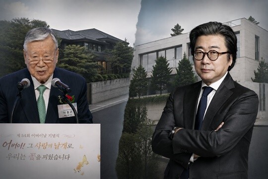 이중근 부영그룹 회장(왼쪽)과 조정호 메리츠금융지주 회장이 ‘한강 조망권 분쟁’을 벌이고 있는 것으로 확인됐다. 사진=부영그룹·메리츠금융그룹 제공, 챗GPT 생성 이미지